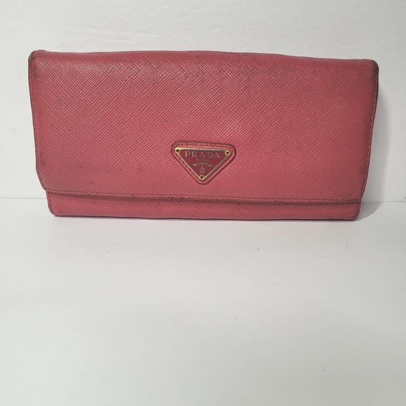 Prada Handbags - PRADA Authentic Vintage Solid Pink Leather Logo Wallet Envelope Large Clutch